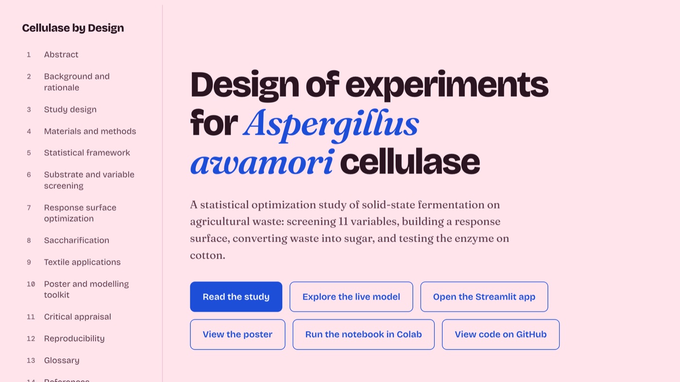 Screenshot of the Design of Experiments and Multivariate Optimization of Aspergillus awamori Cellulase Production website
